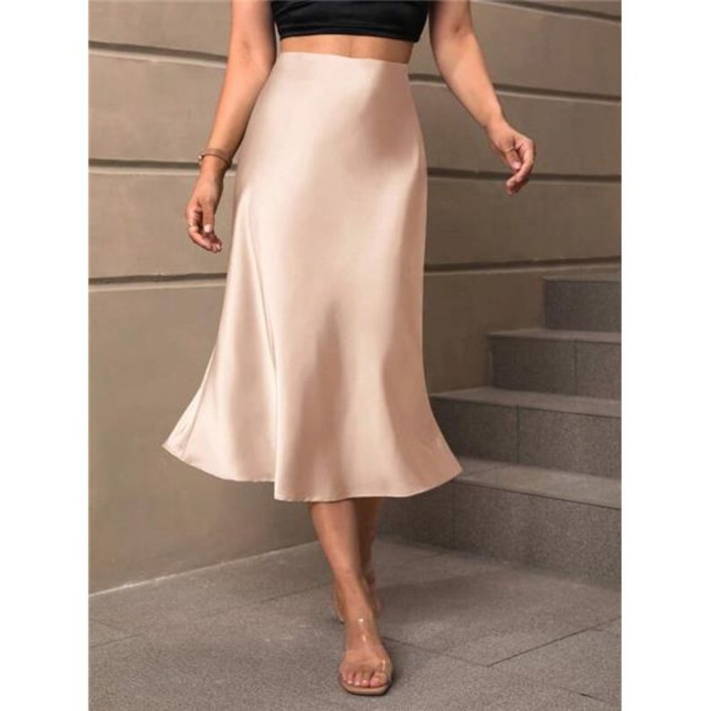 High Waist Solid Satin A-line Skirt